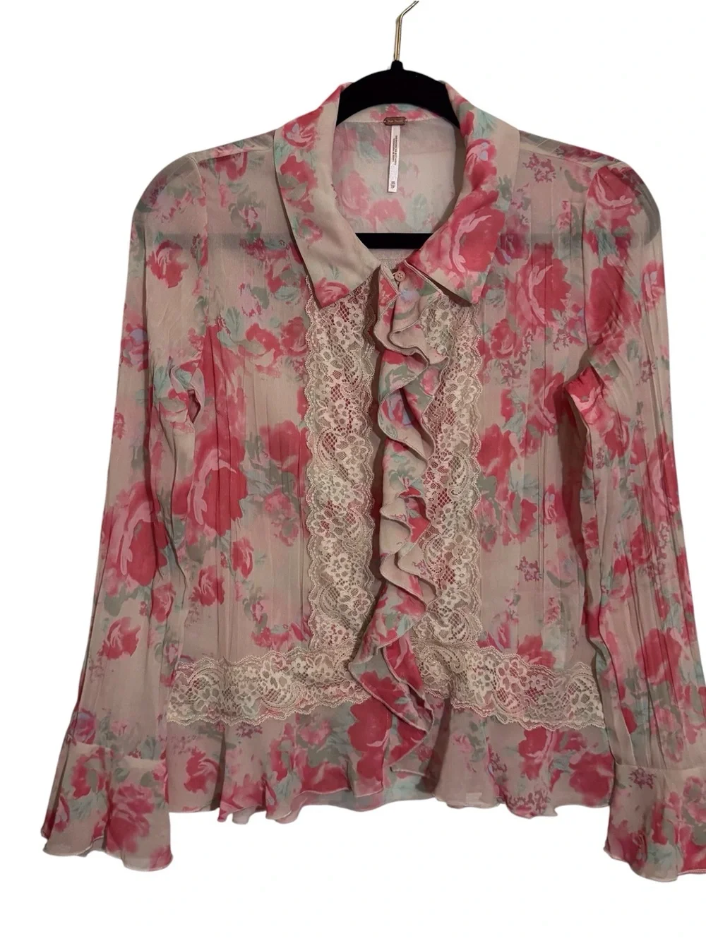 Free People X-Small Bad At Love Blouse Floral Top Sheer Ruffle Long Sleeve Boho